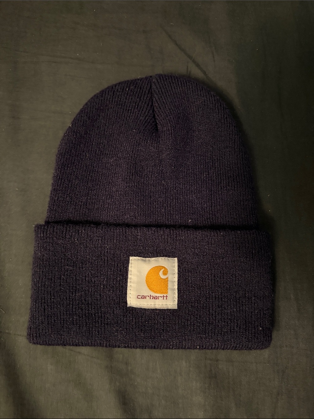 Carhartt Navy Knit Beanie with Yellow Logo Patch